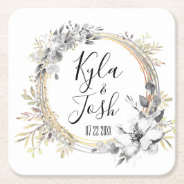 Porta-copo De Papel Quadrado Casamento de Wreath Floral de Watercolor Personali