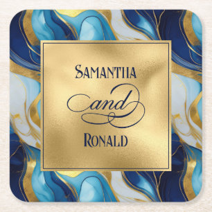 Porta-copo De Papel Quadrado Casamento Dourado, Azul e Branco Marmoreado Elegan
