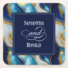 Porta-copo De Papel Quadrado Casamento Dourado, Azul e Branco Marmoreado Elegan