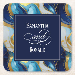 Porta-copo De Papel Quadrado Casamento Dourado, Azul e Branco Marmoreado Elegan