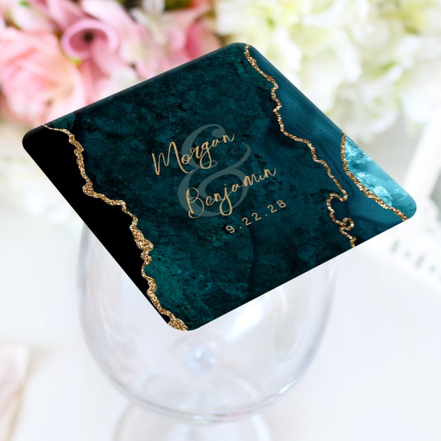 Porta-copo De Papel Quadrado Casamento Dourado com Script Teal Blue Agate (Criador carregado)