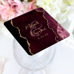 Porta-copo De Papel Quadrado Casamento Dourado de Script Agate Vermelho Burgund