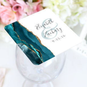 Porta-copo De Papel Quadrado Casamento Dourado de Teal de Script Geode Agate