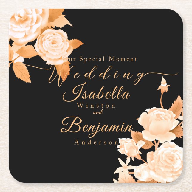 Porta-copo De Papel Quadrado Casamento Dourado e elegante de Rosa negro (Frente)