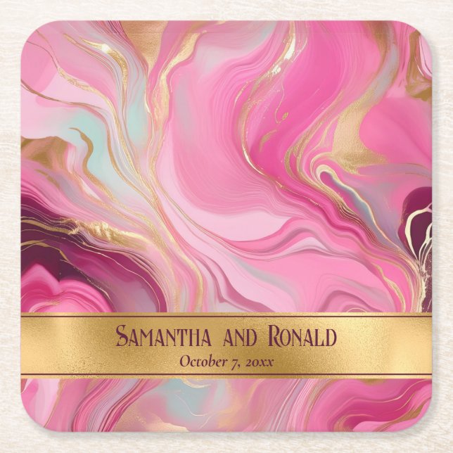 Porta-copo De Papel Quadrado Casamento Dourado e rosa marmoreado Elegante Faux (Frente)