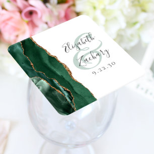Porta-copo De Papel Quadrado Casamento Dourado Emerald Green do Script Agate Ge