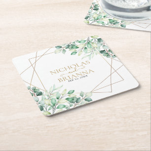 Porta-copo De Papel Quadrado Casamento Dourado Eucalyptus, Verde Botânico Moder