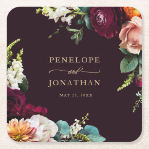 Porta-copo De Papel Quadrado Casamento Dourado Floral de Autumn Burgundy