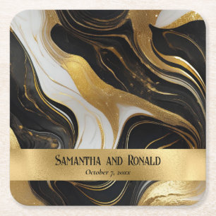 Porta-copo De Papel Quadrado Casamento Dourado, preto e branco marmoreado Elega