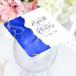 Porta-copo De Papel Quadrado Casamento Dourado Real Azul do Script Geode Agate<br><div class="desc">Esta elegante porta copos de casamento moderna apresenta uma coloração aquática azul real, agate geode design, aparada com falso brilho dourado. Personalize facilmente o texto da cinza de carvão em um fundo branco, com os nomes da noiva e do noivo em caligrafia manual sobre uma grande e pálida ampersand azul....</div>