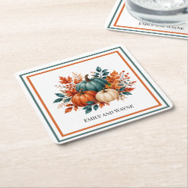 Porta-copo De Papel Quadrado Casamento Elegante com Abóbora em Ferrugem e Azul