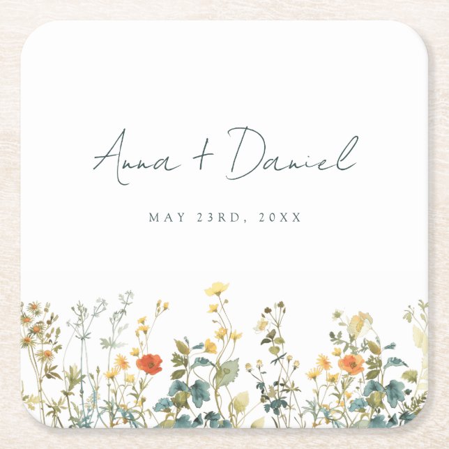 Porta-copo De Papel Quadrado Casamento Elegante de Flor Selvagem (Frente)
