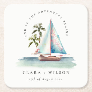 Porta-copo De Papel Quadrado Casamento Elegante Dusky Teal Sailboat Palm Seasca
