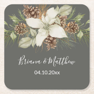 Porta-copo De Papel Quadrado Casamento Elegante Letra Cursiva Cinza de Inverno