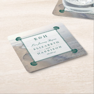 Porta-copo De Papel Quadrado Casamento Elegante Monograma & Teal Scallop Beach