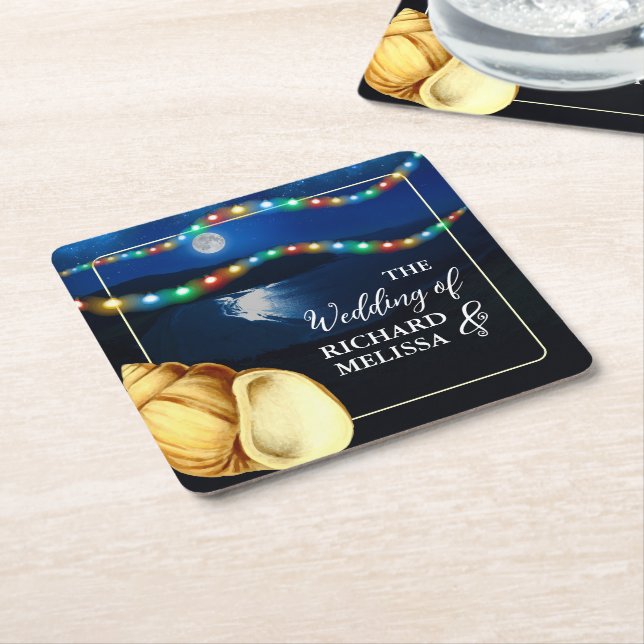 Porta-copo De Papel Quadrado Casamento Elegante Moonlit Beach (Inclinado)