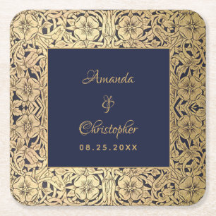 Porta-copo De Papel Quadrado Casamento Elegante Ouro Azul-Marinho Rosas Silvest