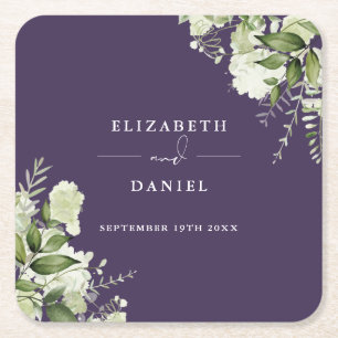 Porta-copo De Papel Quadrado Casamento Elegante Roxo com Verdura Floral
