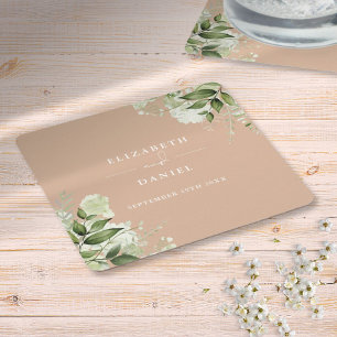 Porta-copo De Papel Quadrado Casamento Elegante Verde Floral Bege