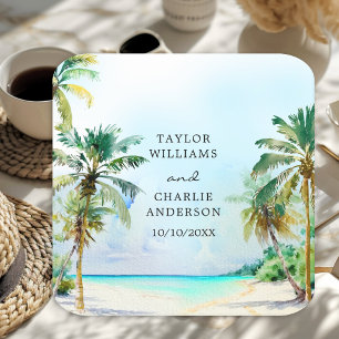 Porta-copo De Papel Quadrado Casamento em Destino de Praia Tropical
