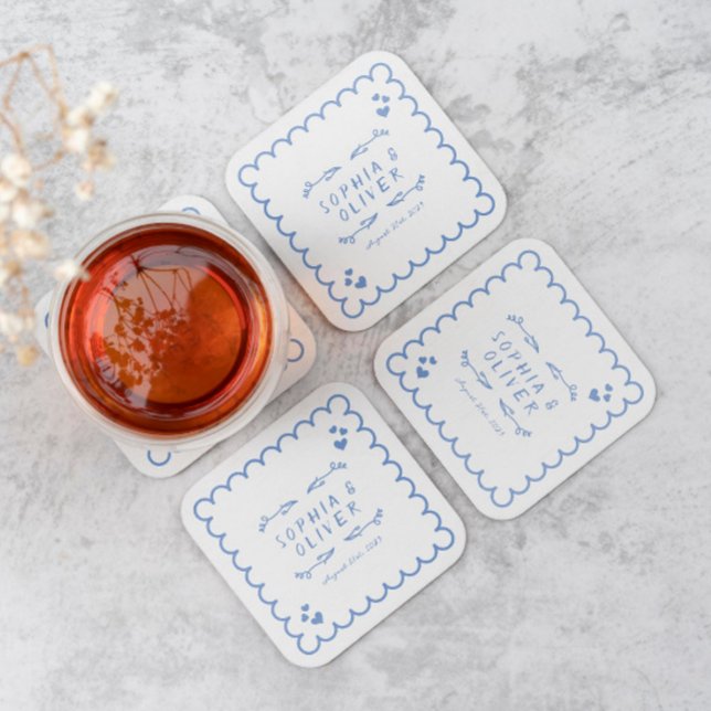 Porta-copo De Papel Quadrado Casamento Escrito De Mão Ilustrada De Onda Retro (Criador carregado)