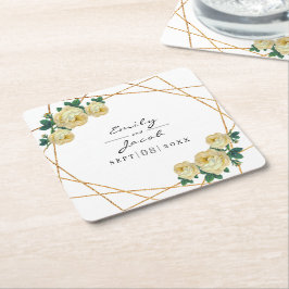 Porta-copo De Papel Quadrado Casamento Floral Amarelo Glitter Geo Dourado Elega