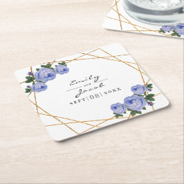 Porta-copo De Papel Quadrado Casamento Floral Azul Geométrico Dourado Elegante
