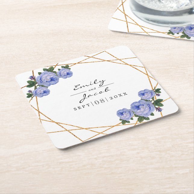 Porta-copo De Papel Quadrado Casamento Floral Azul Geométrico Dourado Elegante (Inclinado)