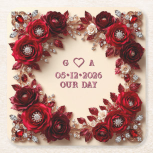 Porta-copo De Papel Quadrado Casamento Floral Borgonha Romântico Rosas Vermelha