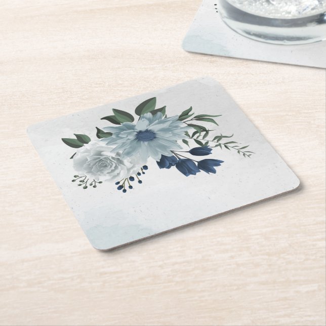 Porta-copo De Papel Quadrado casamento floral branco e azul (Inclinado)