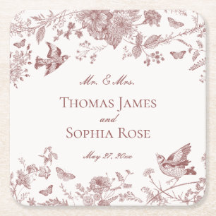 Porta-copo De Papel Quadrado Casamento Floral Burgundy Toile De Jouy Vintage