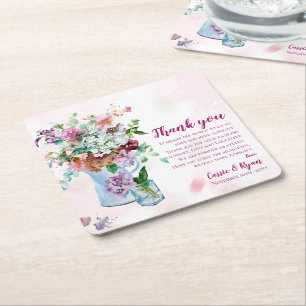 Porta-copo De Papel Quadrado Casamento Floral Cor-de-Água Rosa Obrigado Mensage