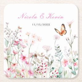 Porta-copo De Papel Quadrado Casamento Floral de Borboleta Rosa Profunda da Pri