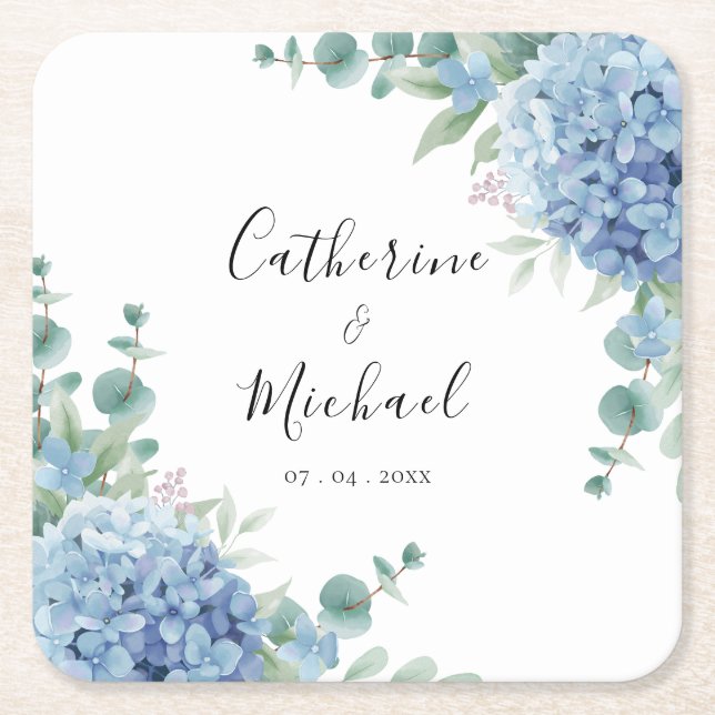 Porta-copo De Papel Quadrado Casamento Floral de Hortênsia Azul (Frente)
