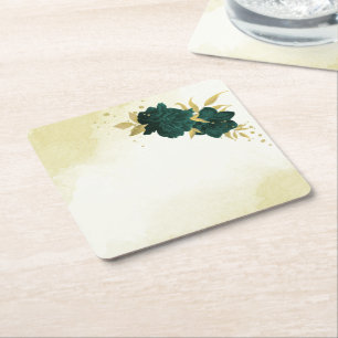 Porta-copo De Papel Quadrado Casamento floral de ouro esmeralda verde