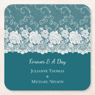 Porta-copo De Papel Quadrado Casamento Floral de Renda Branca Azul Turquesa Rom