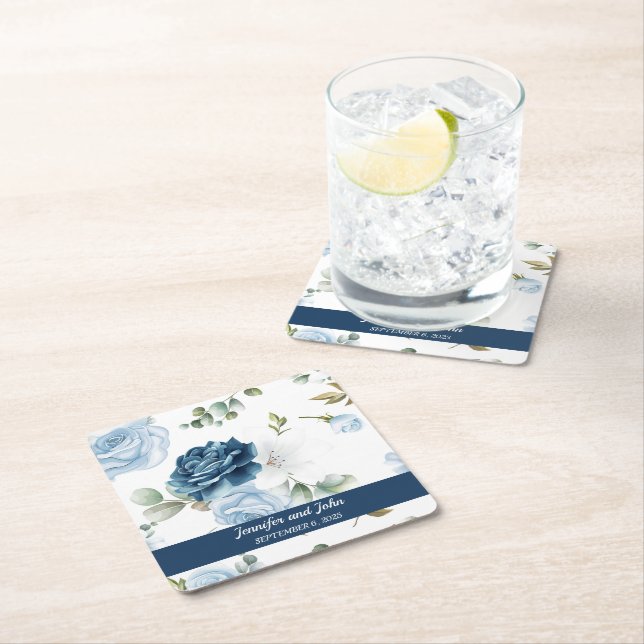 Porta-copo De Papel Quadrado Casamento Floral de Rosas Azuis Elegante (Insitu)