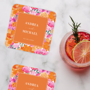 Porta-copo De Papel Quadrado Casamento Floral de Verão, cor-de-rosa e laranja