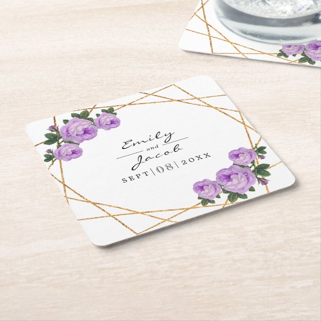 Porta-copo De Papel Quadrado Casamento Floral Dourado Elegante Geo Purple (Inclinado)