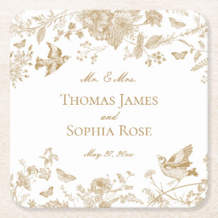 Porta-copo De Papel Quadrado Casamento Floral Dourado Toile De Jouy Vintage