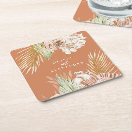Porta-copo De Papel Quadrado Casamento Floral e Palmeira Tropical Boho Terracot