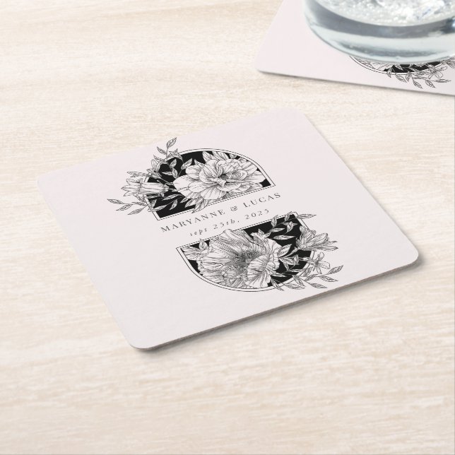 Porta-copo De Papel Quadrado Casamento Floral Elegante Negro e Branco (Inclinado)
