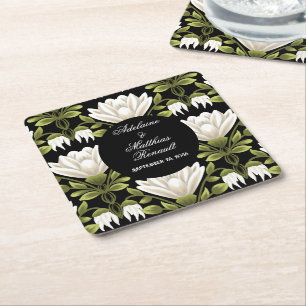 Porta-copo De Papel Quadrado Casamento Floral Elegante Preto e Branco: Caligraf
