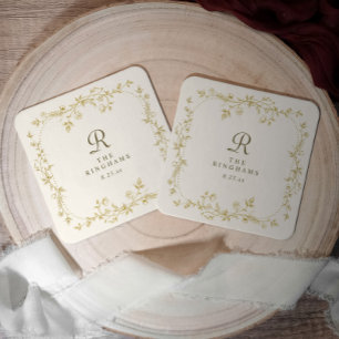 Porta-copo De Papel Quadrado Casamento Floral Francês Dourado & Marfim Monogram