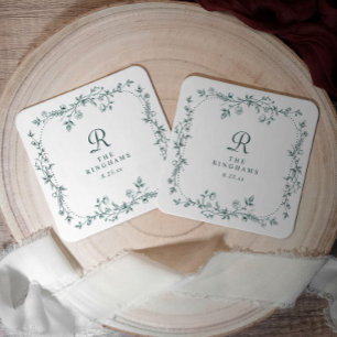 Porta-copo De Papel Quadrado Casamento Floral Francês Esmeralda Verde Monograma