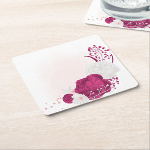 Porta-copo De Papel Quadrado casamento floral fúcsia e branco