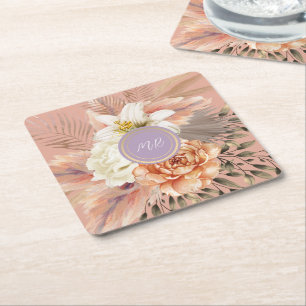 Porta-copo De Papel Quadrado Casamento Floral Lilás Pêssego