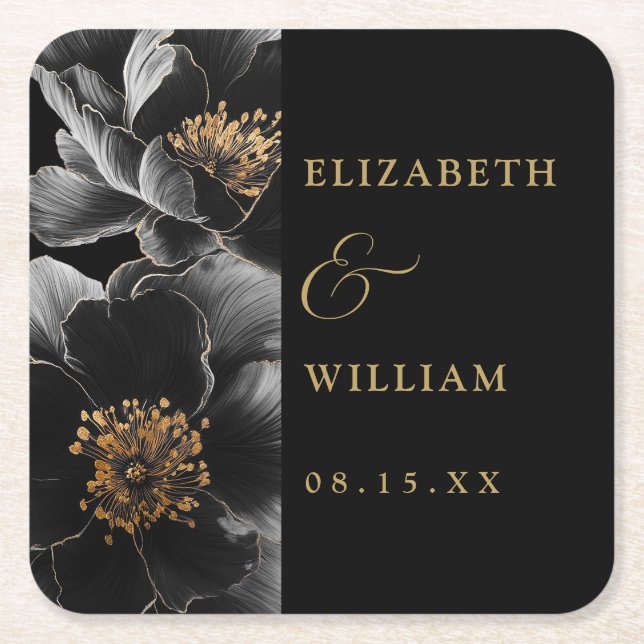 Porta-copo De Papel Quadrado Casamento Floral Moderno E Dourado Elegante (Frente)