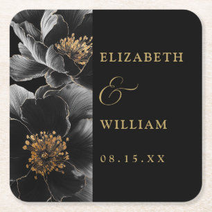 Porta-copo De Papel Quadrado Casamento Floral Moderno Elegante Preto e Dourado
