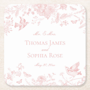 Porta-copo De Papel Quadrado Casamento Floral Rosa Toile De Jouy Vintage